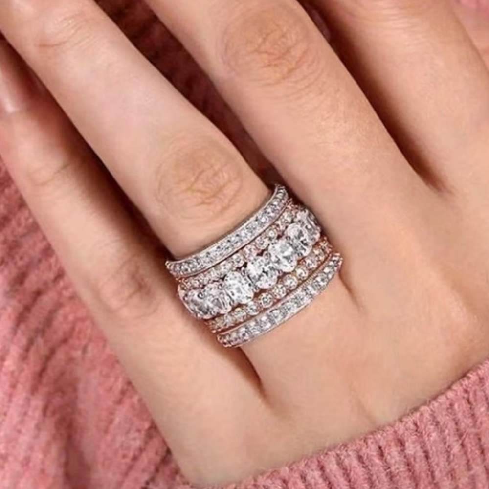 Elegant Silvery & Rose Golden Stacked Diamond Band Ring - Picture 3 of 4